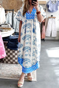 Sky Blue Plus Size Floral Print Boho Midi Dress
