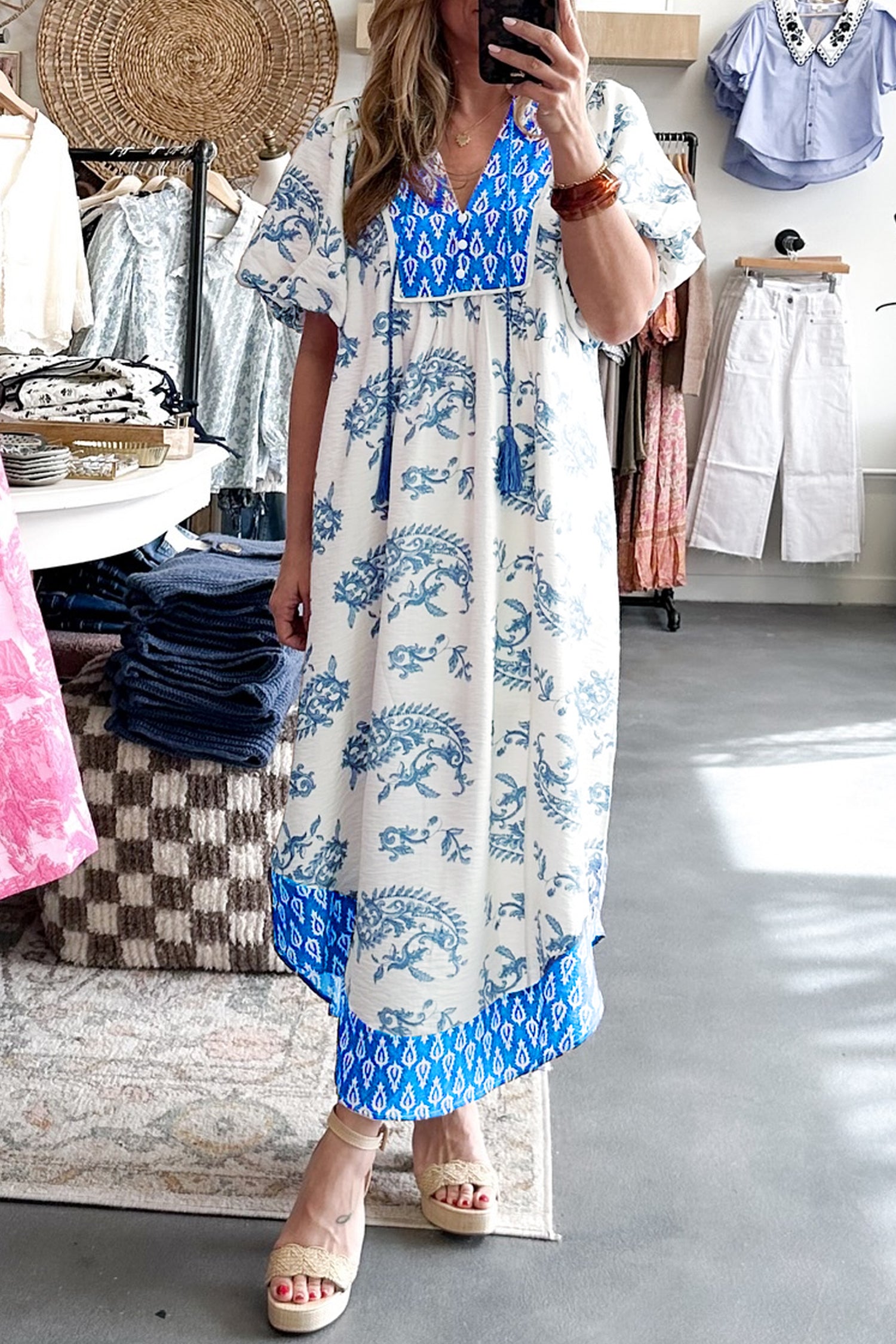 Sky Blue Plus Size Floral Print Boho Midi Dress