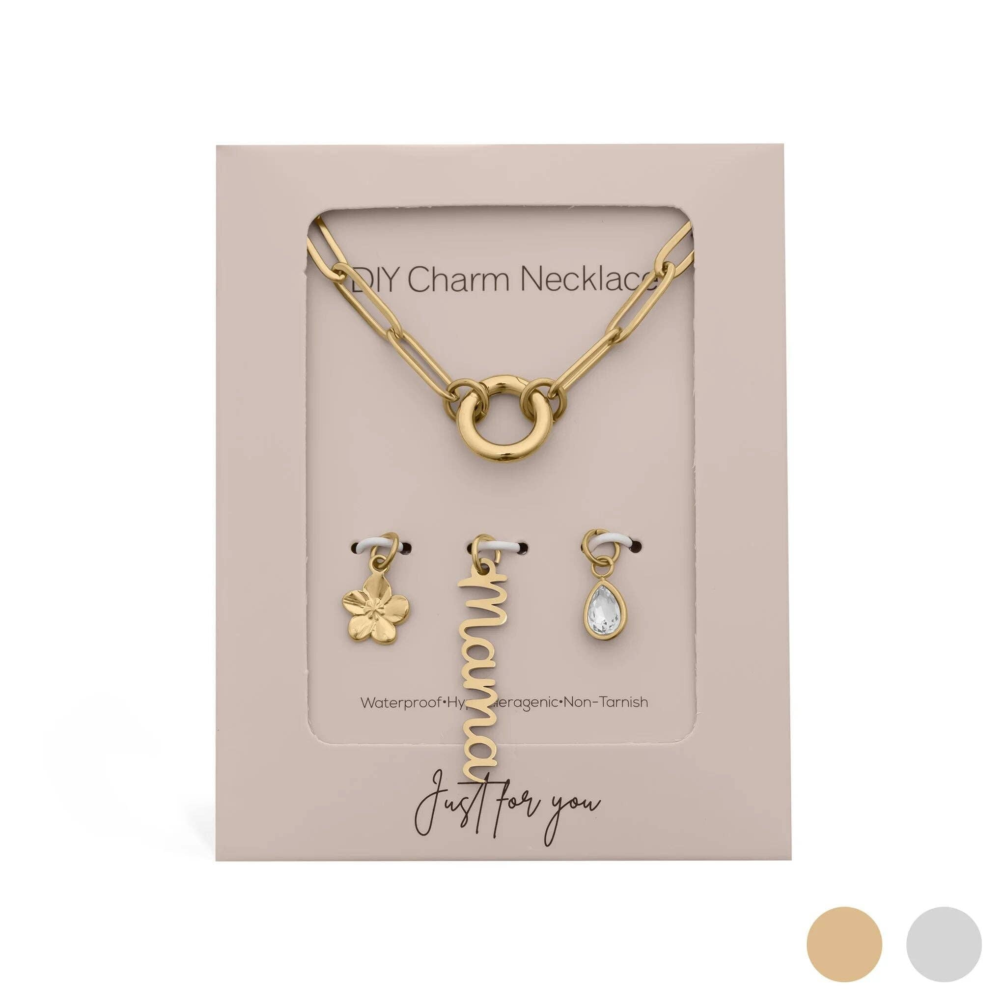 18K Gold Stainless Steel Mama Charm Holder Necklace Gift Set: Stainless