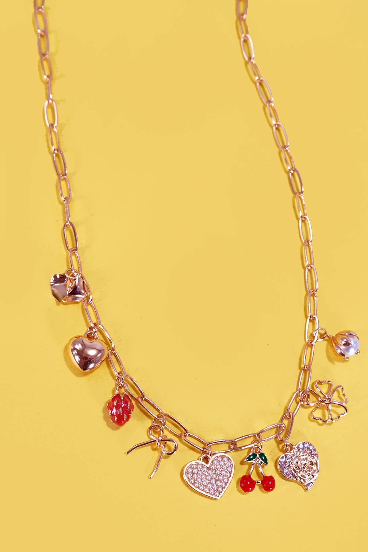 MULTI CHARM BOW CHERRY HEART NECKLACE | 80N1190: Gold