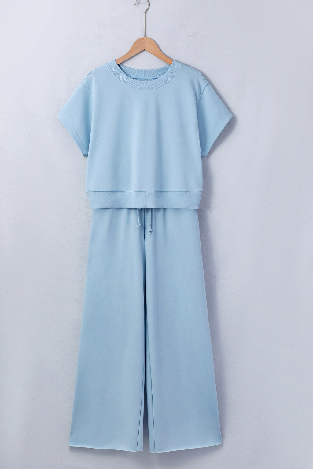 Mist Blue Loose Tee Drawstring Wide Leg Pants 2pcs Outfit