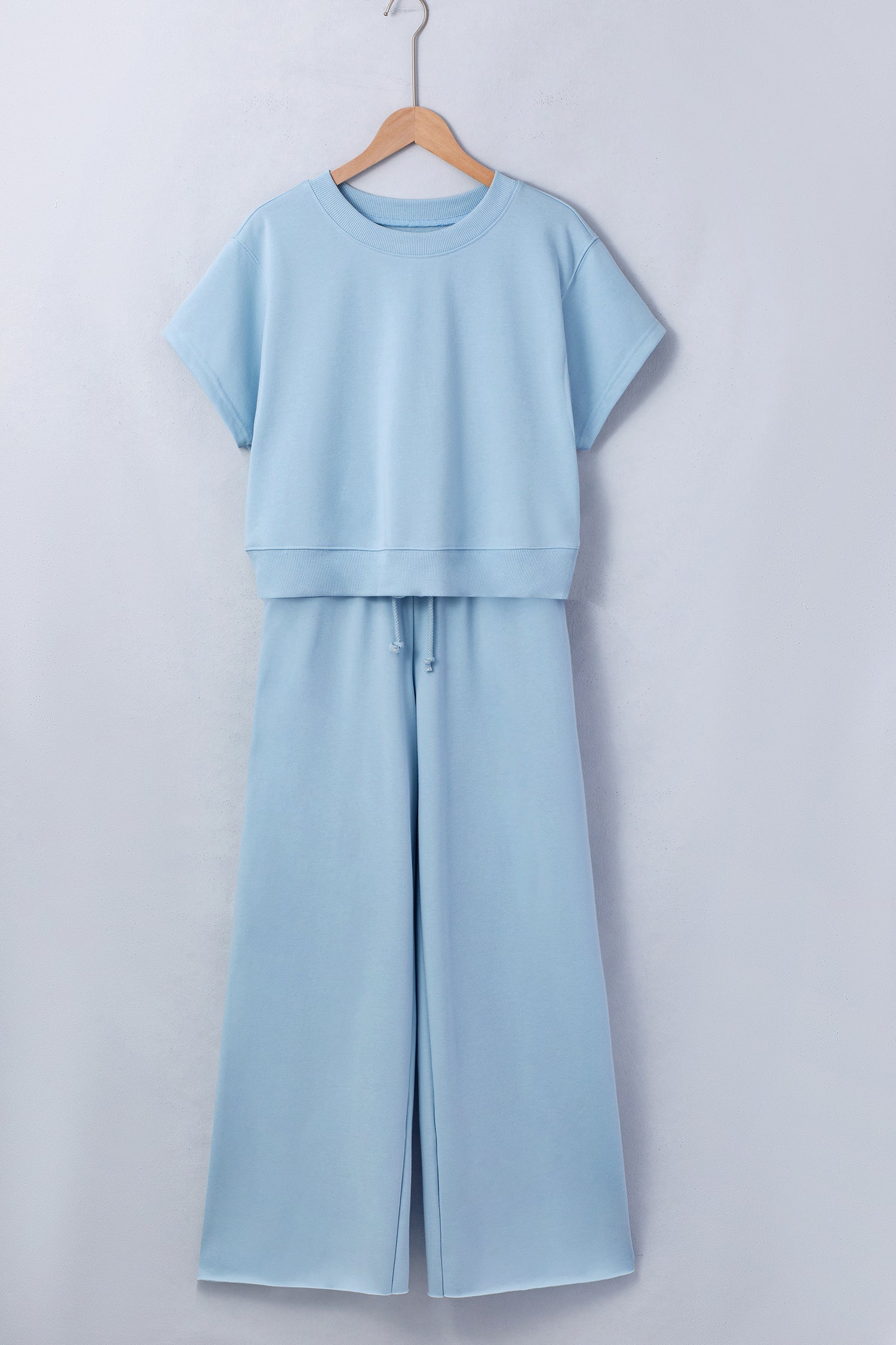 Mist Blue Loose Tee Drawstring Wide Leg Pants 2pcs Outfit
