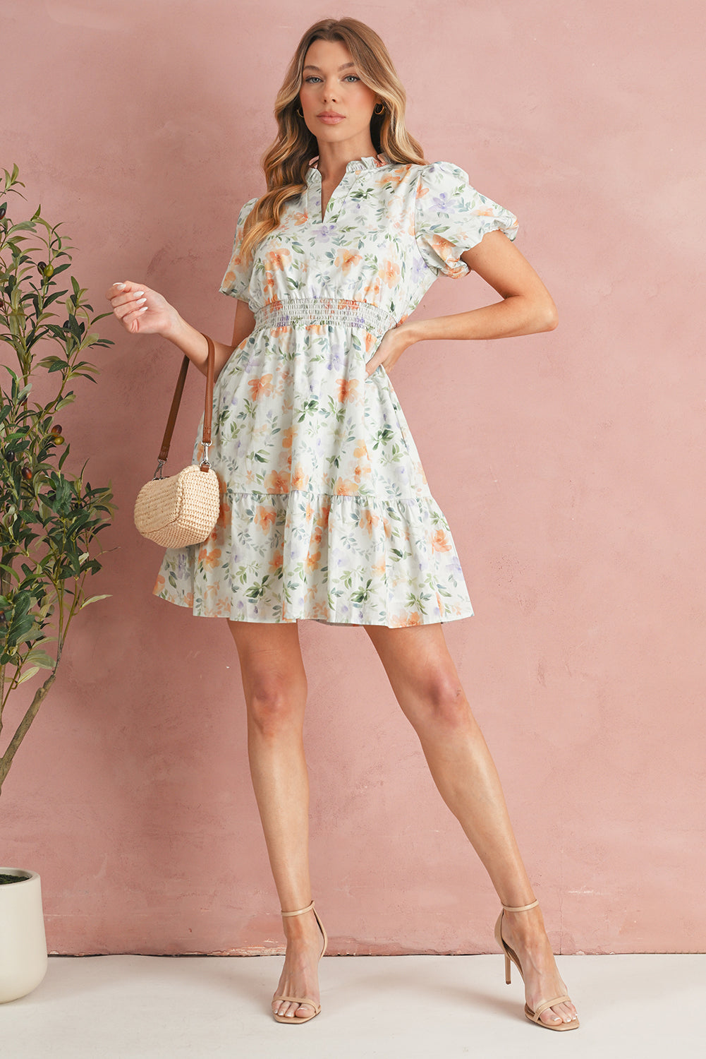 Beige Floral Smocked High Waist Puff Sleeve Mini Dress