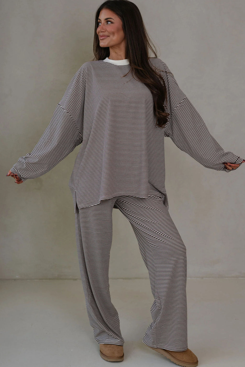 Pink Striped Drop Shoulder Long Sleeve Top and Pant Set