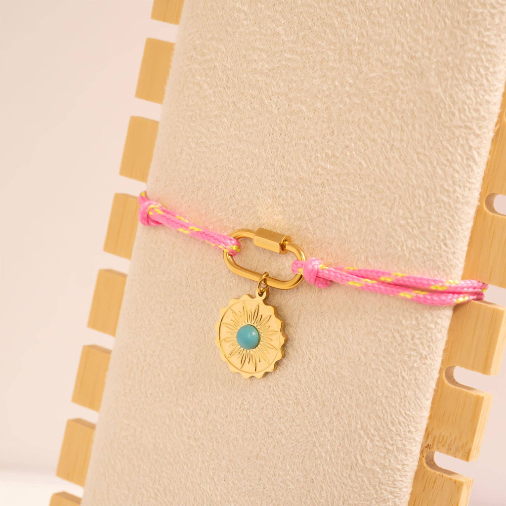 18K Gold PVD Stainless Steel Pink Rope Carabiner Bracelet: Gold
