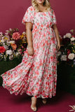 Pink Floral Puff Sleeve Tiered Maxi Dress