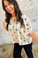 Black or Beige Bow Print Puff Short Sleeve Top