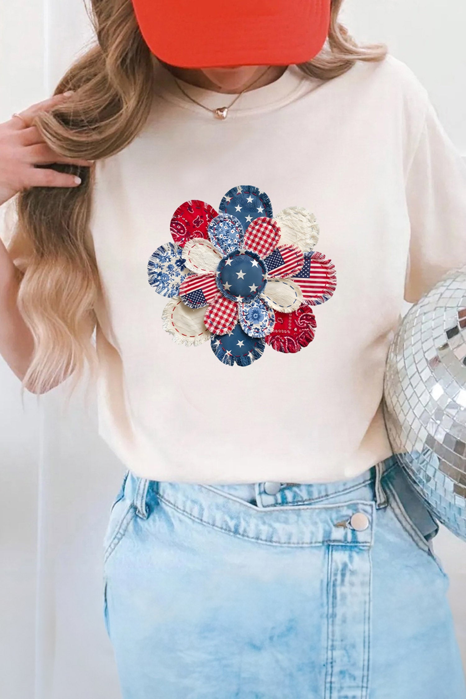 White Patchwork Patriotic Flower Printed T Shirt