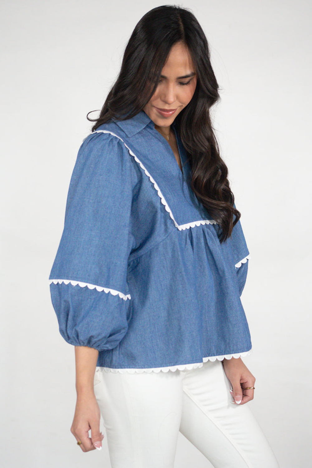Dusk Blue Scallop Babydoll Blouse