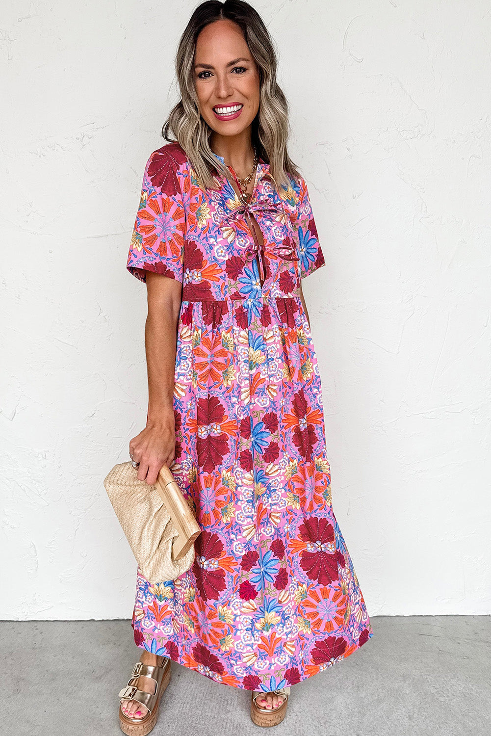 Rose Floral Print Tie Front Midi Dress