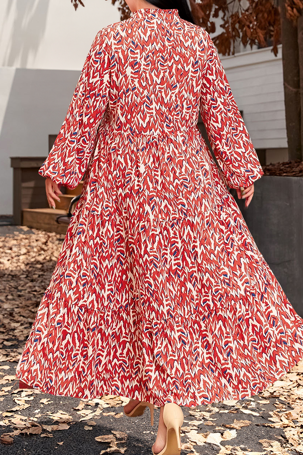 Plus Size Abstract Print Notch V Neck High Waist Maxi Dress: Orange