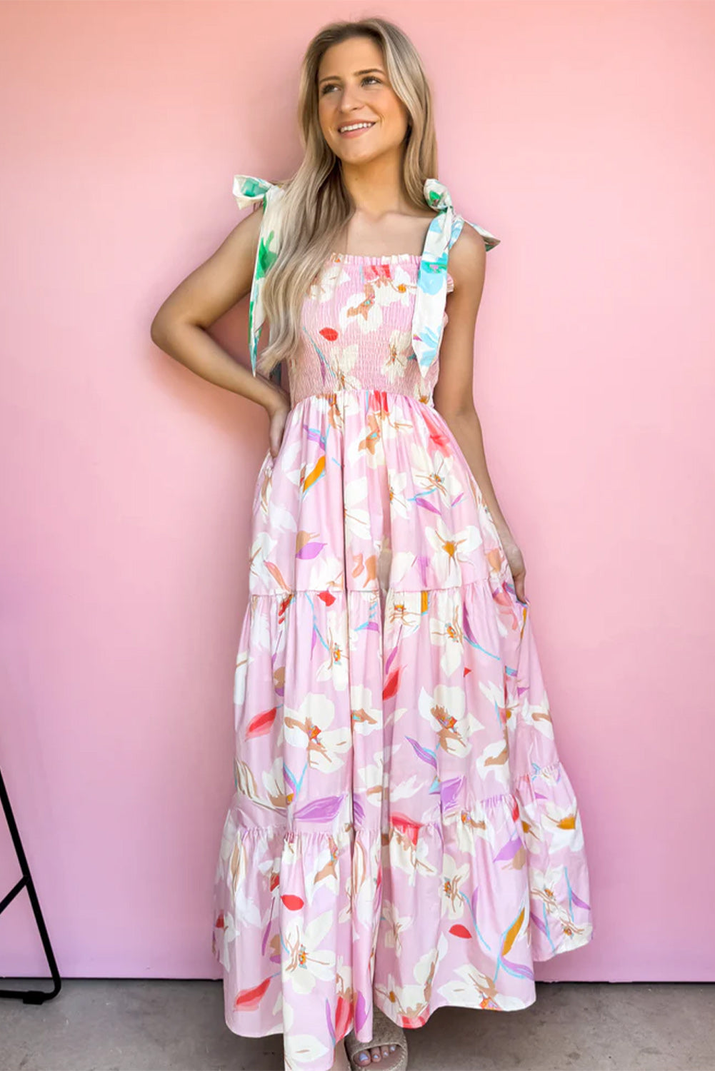 Pink Floral Knotted Shoulder Smocked Maxi Dress