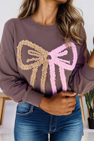 Contrast Terry Bow Pattern Drop Shoulder Sweatshirt (S-XL): Purple / Missy