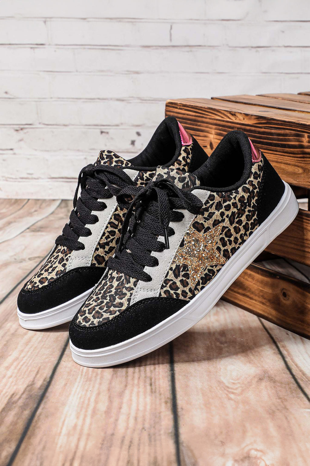 Black Glitter Star Patchwork Lace-up Flat Shoes