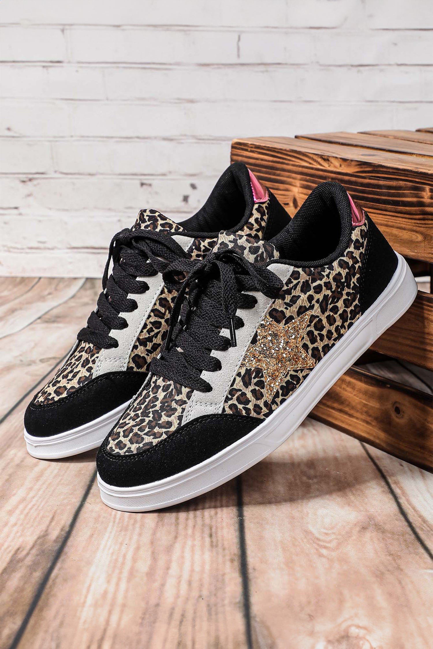 Black Glitter Star Patchwork Lace-up Flat Shoes