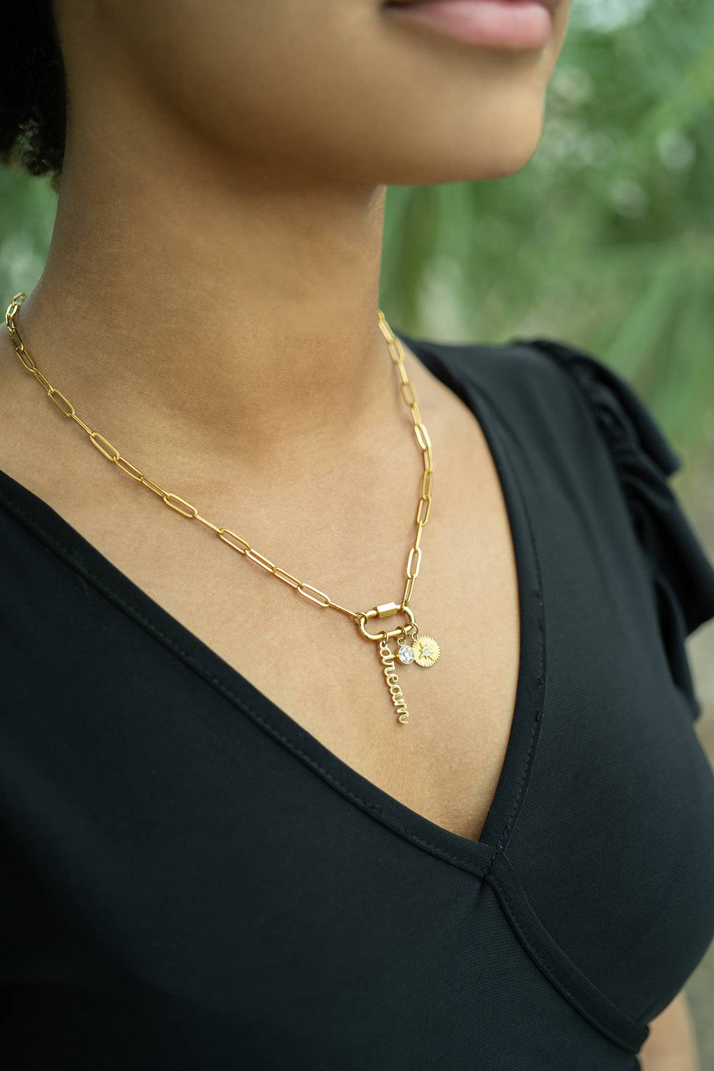 18K PVD Gold Carabiner "Dream" Paperclip Charm Necklace: Gold