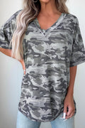 Green Retro Camouflage Print Raw Edge V Neck Tee