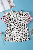 Contrast Layered Ruffle Sleeve Floral Blouse (S-XL): Pink / Missy / S