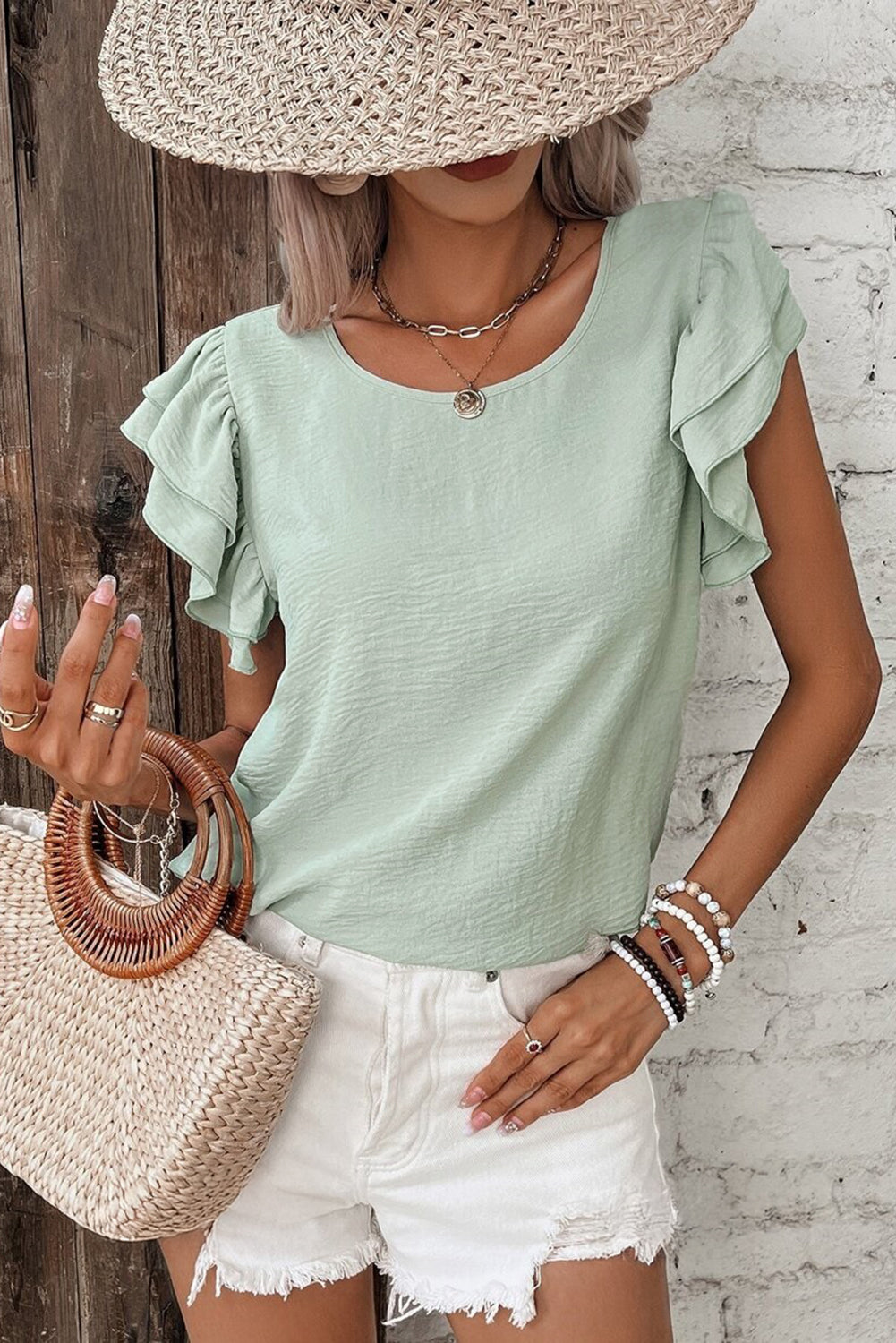 Aqua Ruffle Sleeve Crinkled Blouse