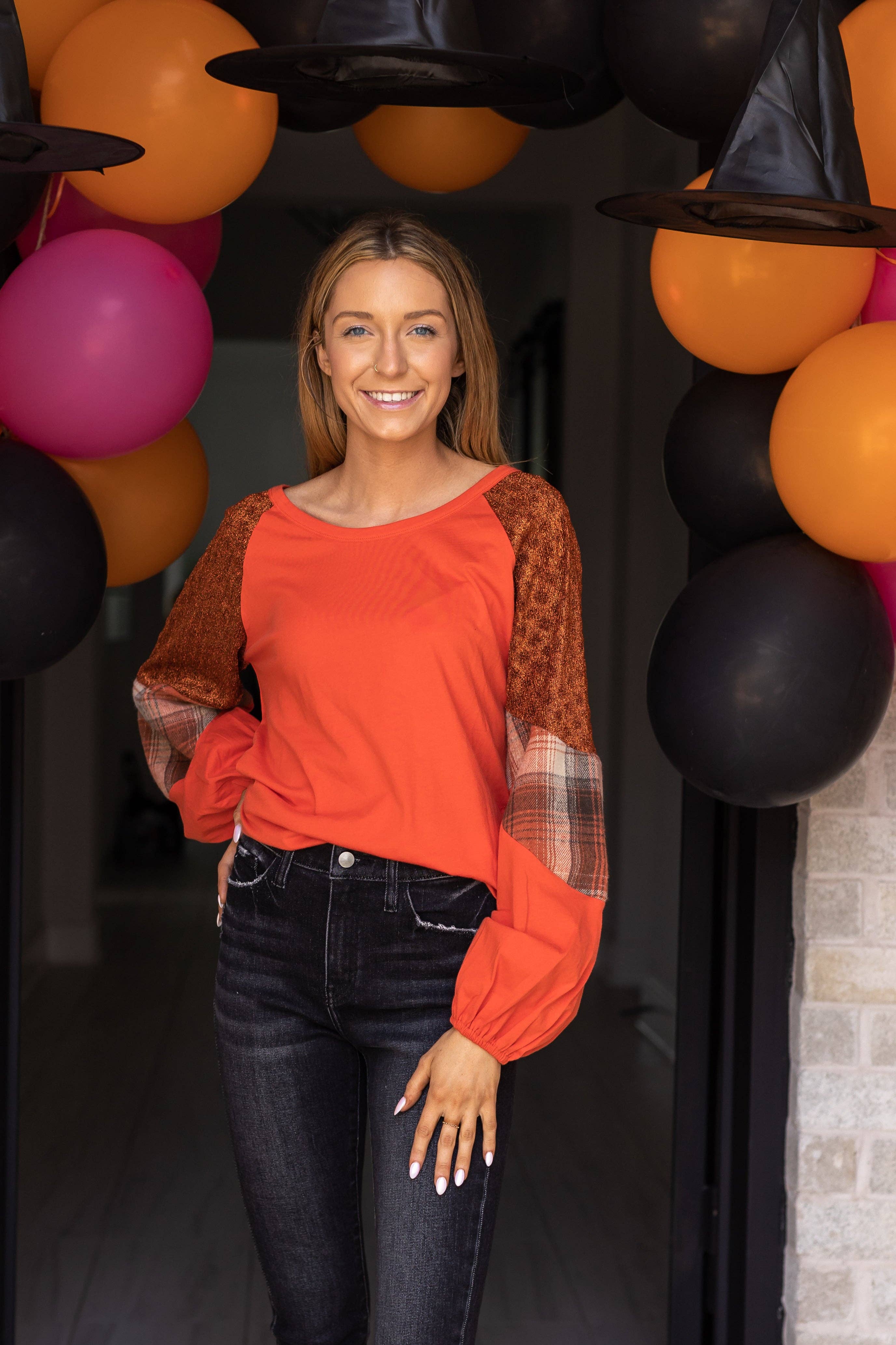 So Confident Orange Plaid & Glitter Sleeve Top: Orange / X-Small