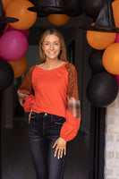 So Confident Orange Plaid & Glitter Sleeve Top: Orange / X-Small