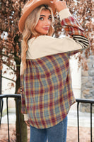 Beige Waffle Stripe Plaid Patchwork Henley Top