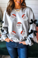 Light Grey Santa Claus Sequins Patch Ribbon Bow Detail Split Sleeve Baggy Sweatshirt