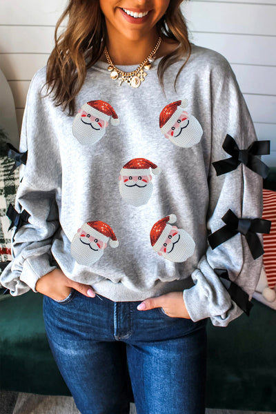 Light Grey Santa Claus Sequins Patch Ribbon Bow Detail Split Sleeve Baggy Sweatshirt