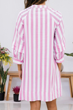 Striped Long Sleeve Buttons Loose Mini Dress (S-XL): Pink / Missy / L