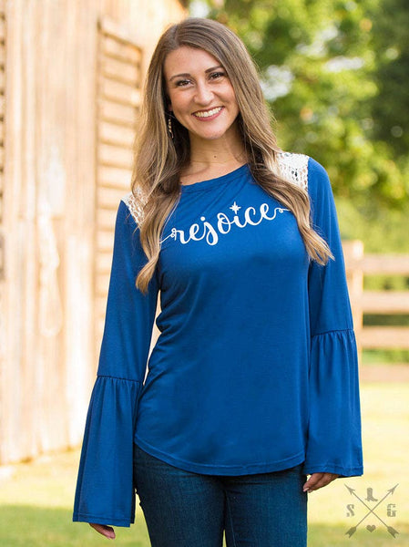 Rejoice on French Blue Longsleeve with Lace Accent and Bell Sleeves: Blue