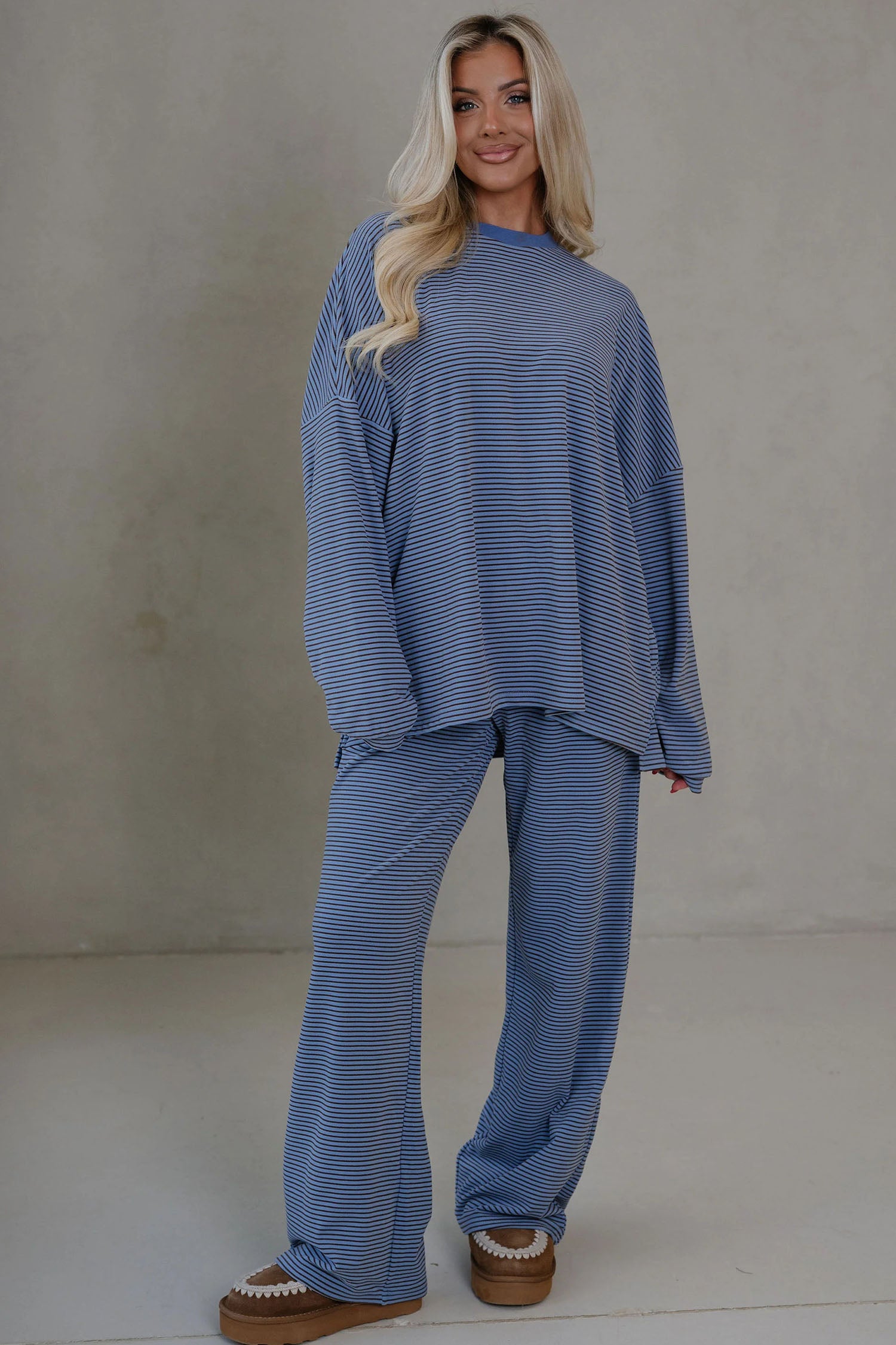 Pink Striped Drop Shoulder Long Sleeve Top and Pant Set