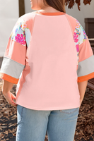 Plus Size Floral Print Patchwork Raglan Half Sleeve Top: Orange / Plus Size / 3X