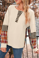 Beige Waffle Stripe Plaid Patchwork Henley Top