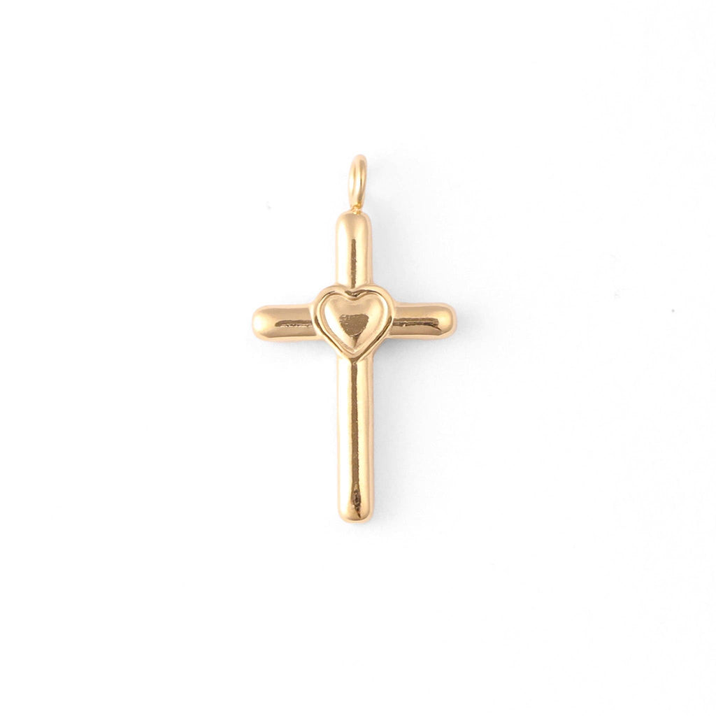 18K Gold PVD Stainless Steel Cross with Heart Charm: Gold