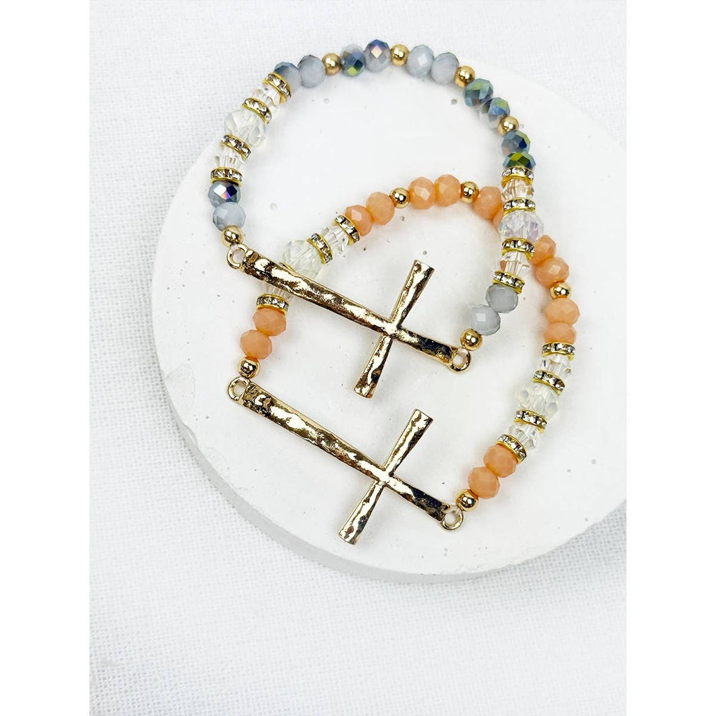 Hammered Cross Bead Stretch Bracelet: MIX COLOR / ONE(12)