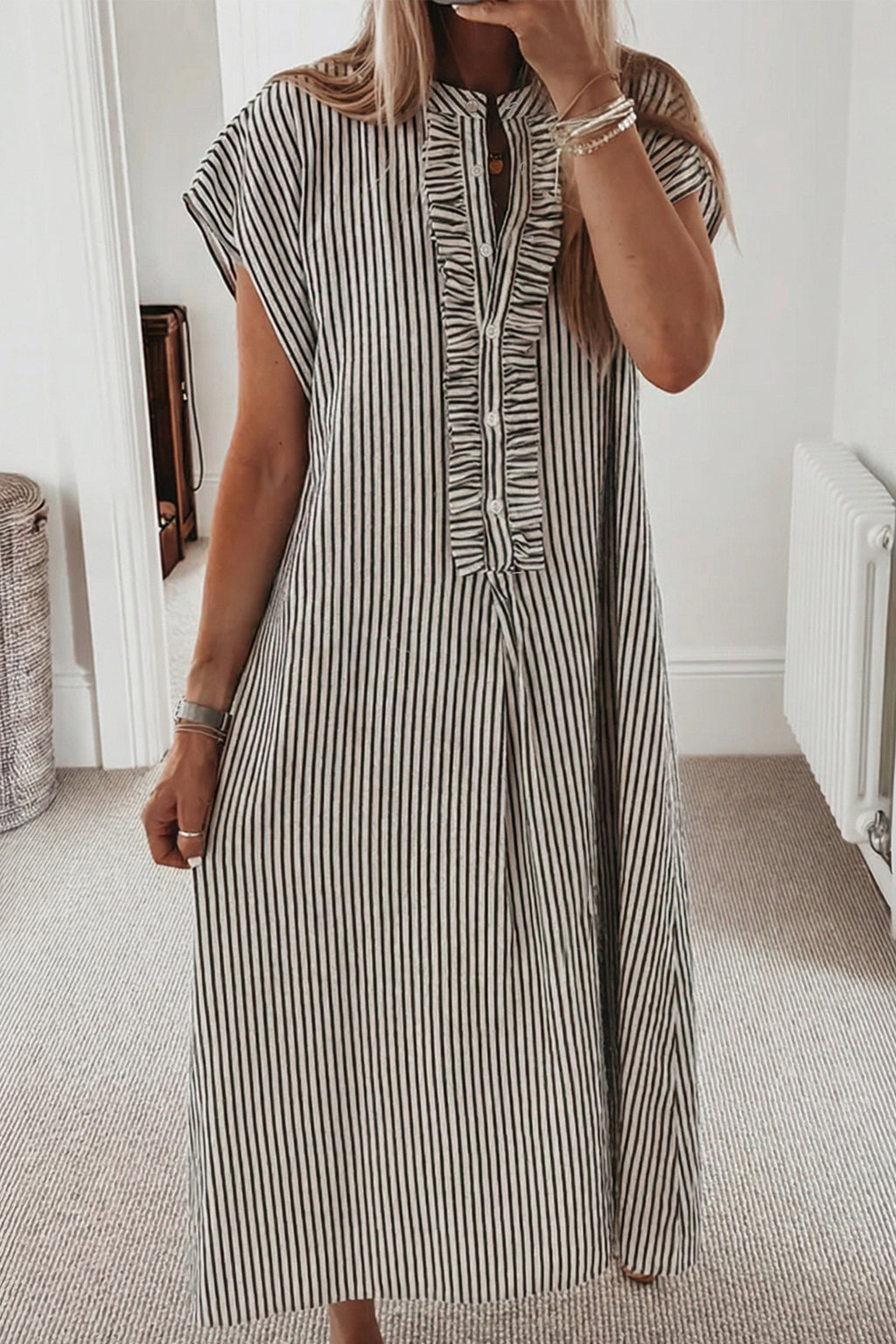 Black Stripe Short Sleeve Long Dress