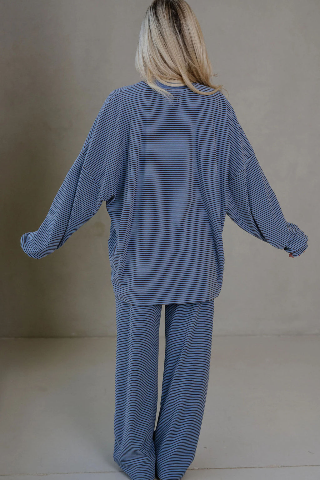 Pink Striped Drop Shoulder Long Sleeve Top and Pant Set