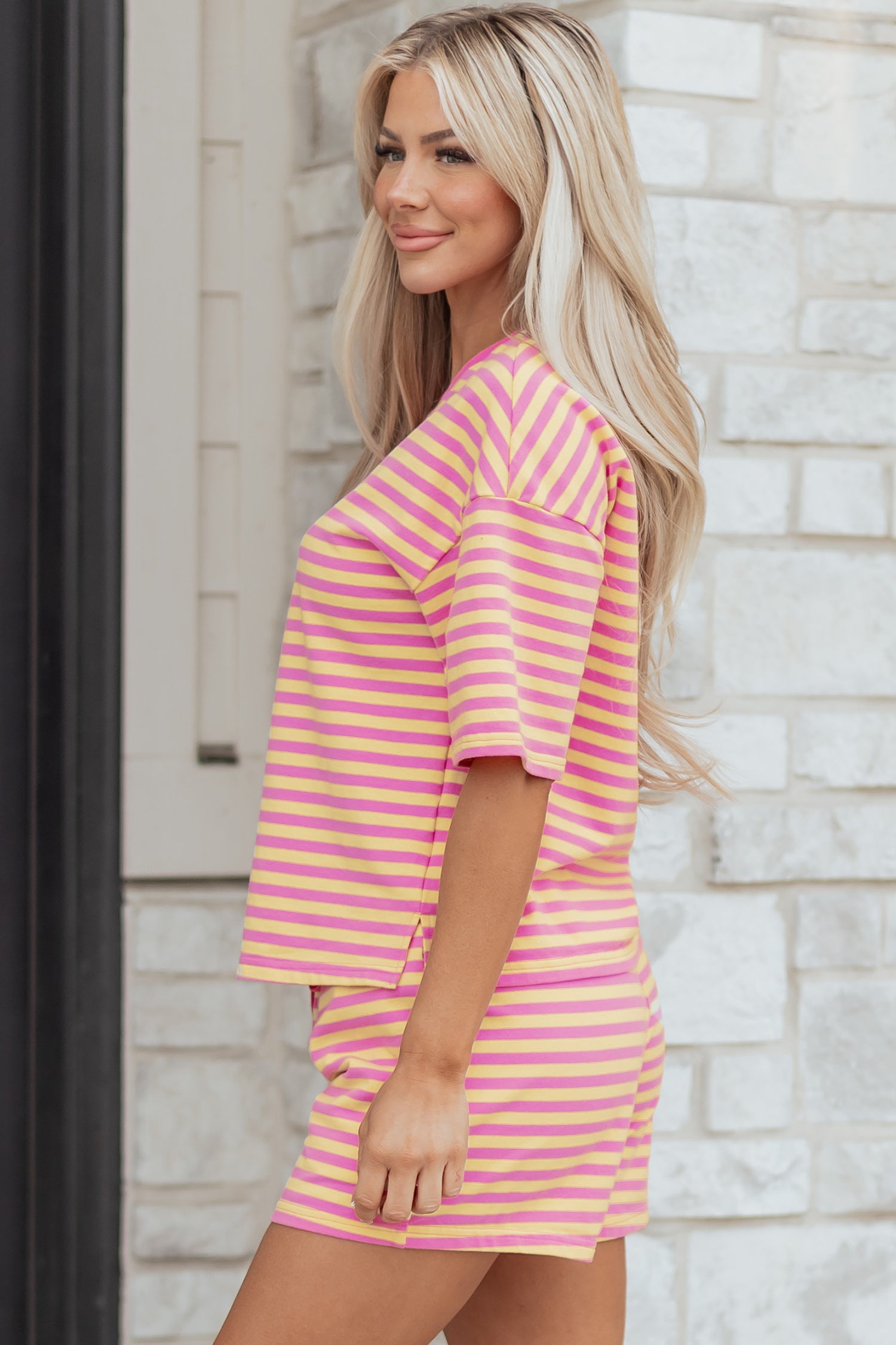 Rose Stripe Casual Short Set