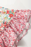 Plus Size Floral Patchwork Ruffled Short Sleeve Blouse: Pink