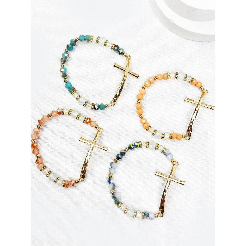 Hammered Cross Bead Stretch Bracelet: MIX COLOR / ONE(12)