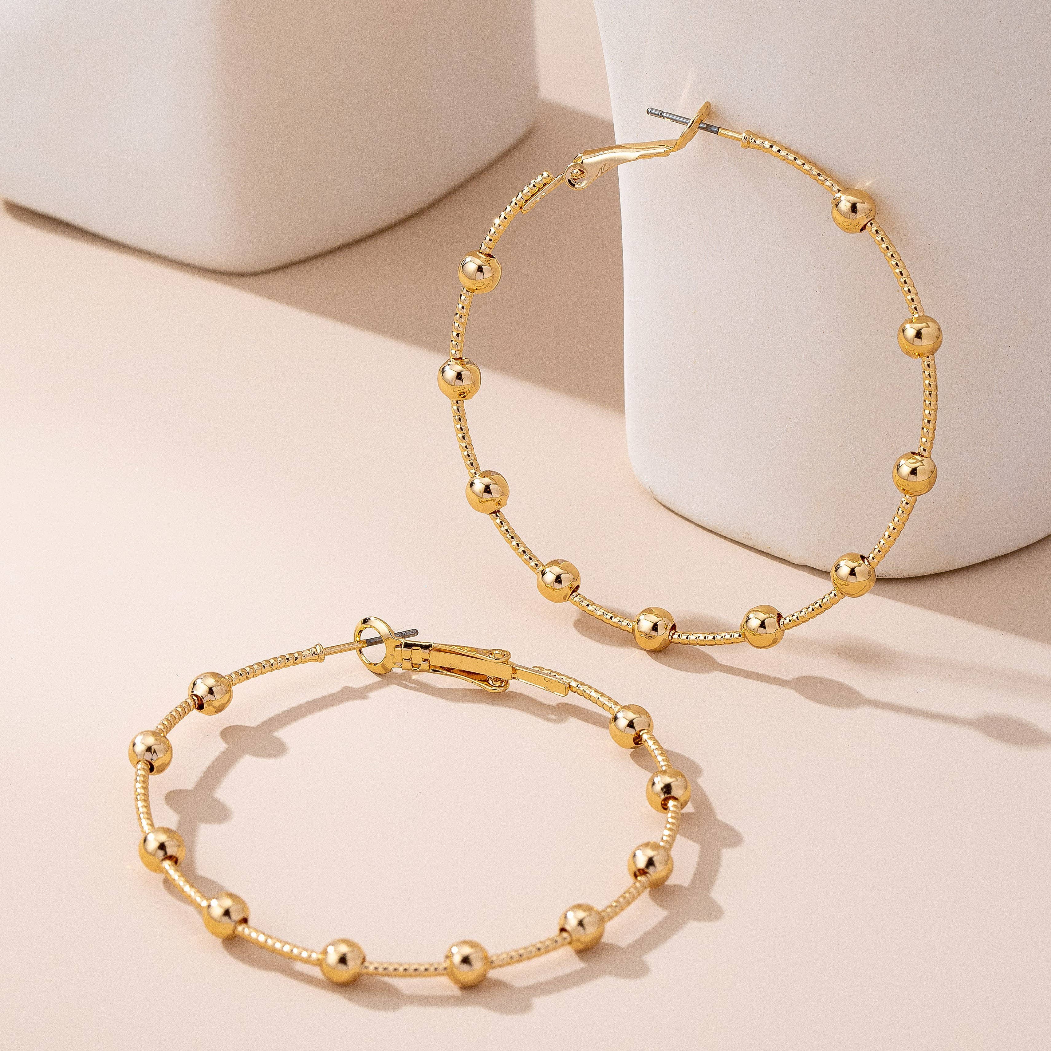 Classic Gold Ball Beaded Station Hoop Earrings | 80E61576: GOLD