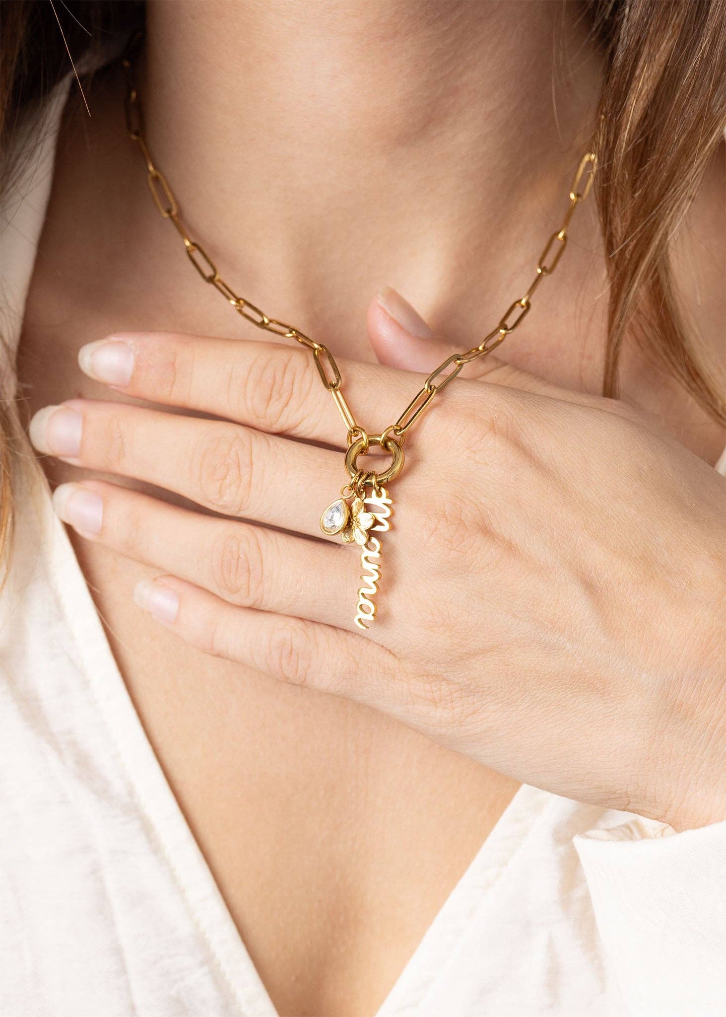 18K Gold Stainless Steel Mama Charm Holder Necklace Gift Set: Stainless