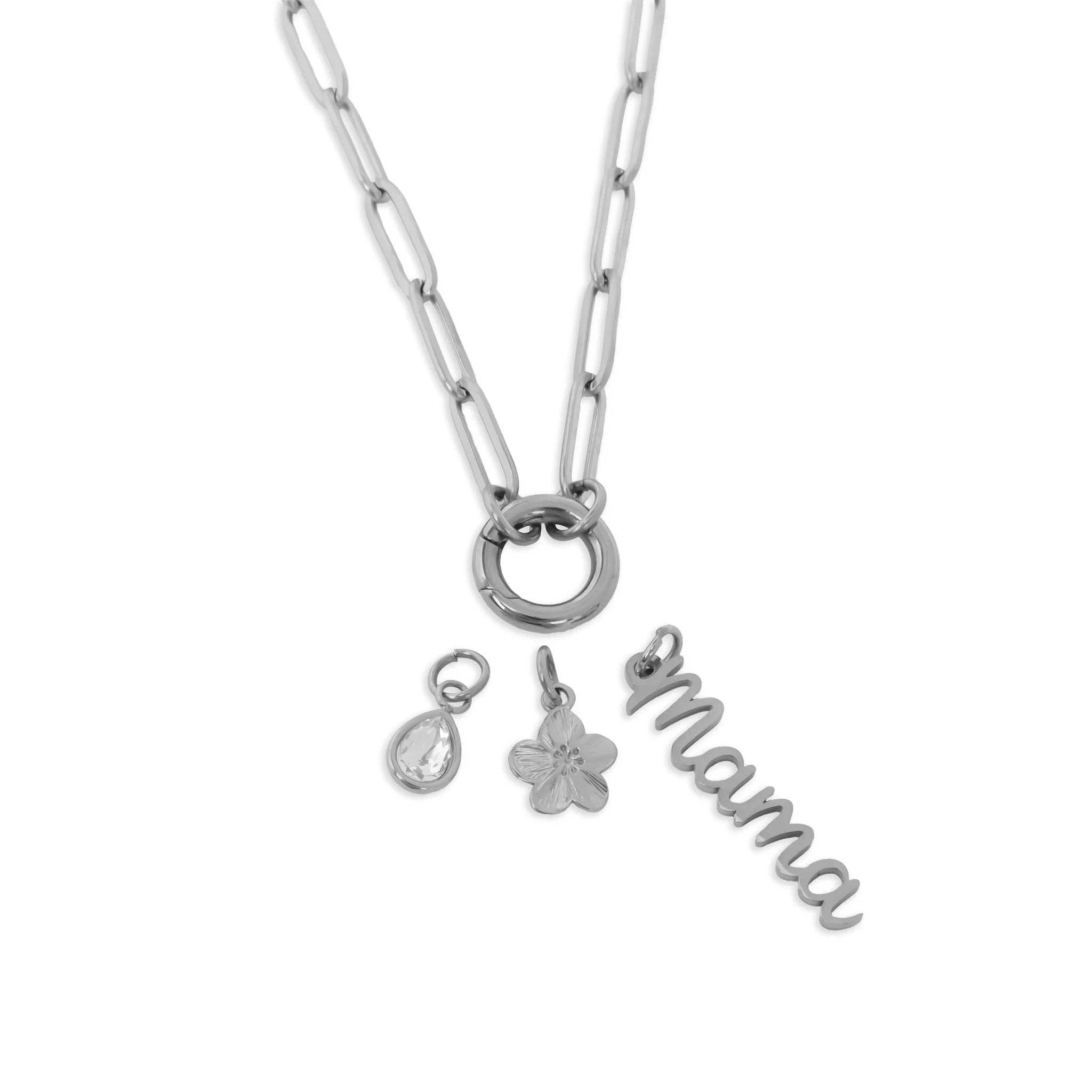 18K Gold Stainless Steel Mama Charm Holder Necklace Gift Set: Stainless