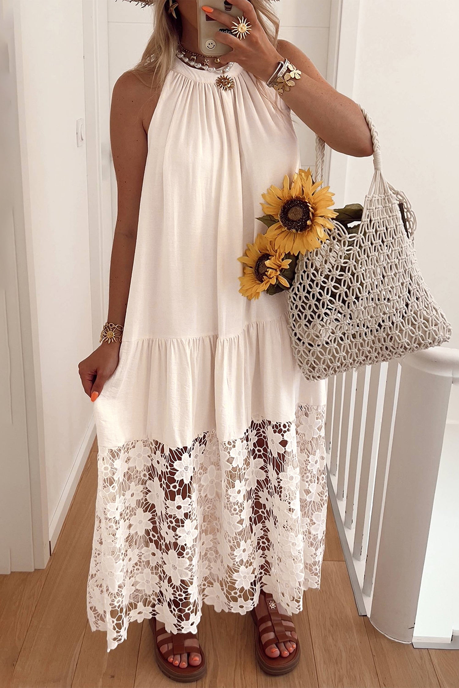 Beige Sheer Floral Lace Hem Halter Summer Dress