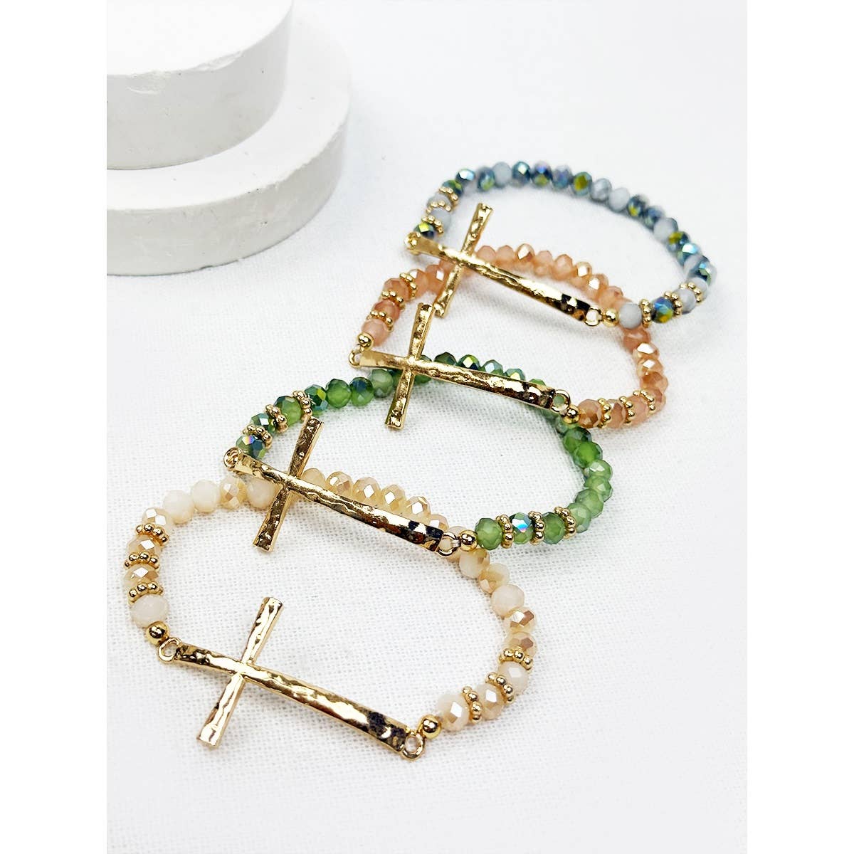 Hammered Cross Bead Stretch Bracelet: MIX COLOR / ONE(12)
