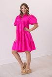 Hot Pink Puff Sleeve Button-Up Dress: Pink / 3XL
