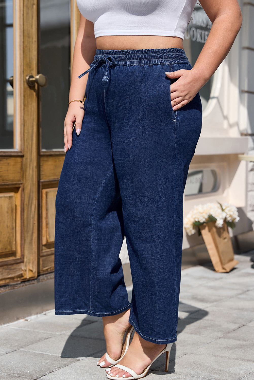 Blue Plus Size Drawstring Wide Leg Jeans