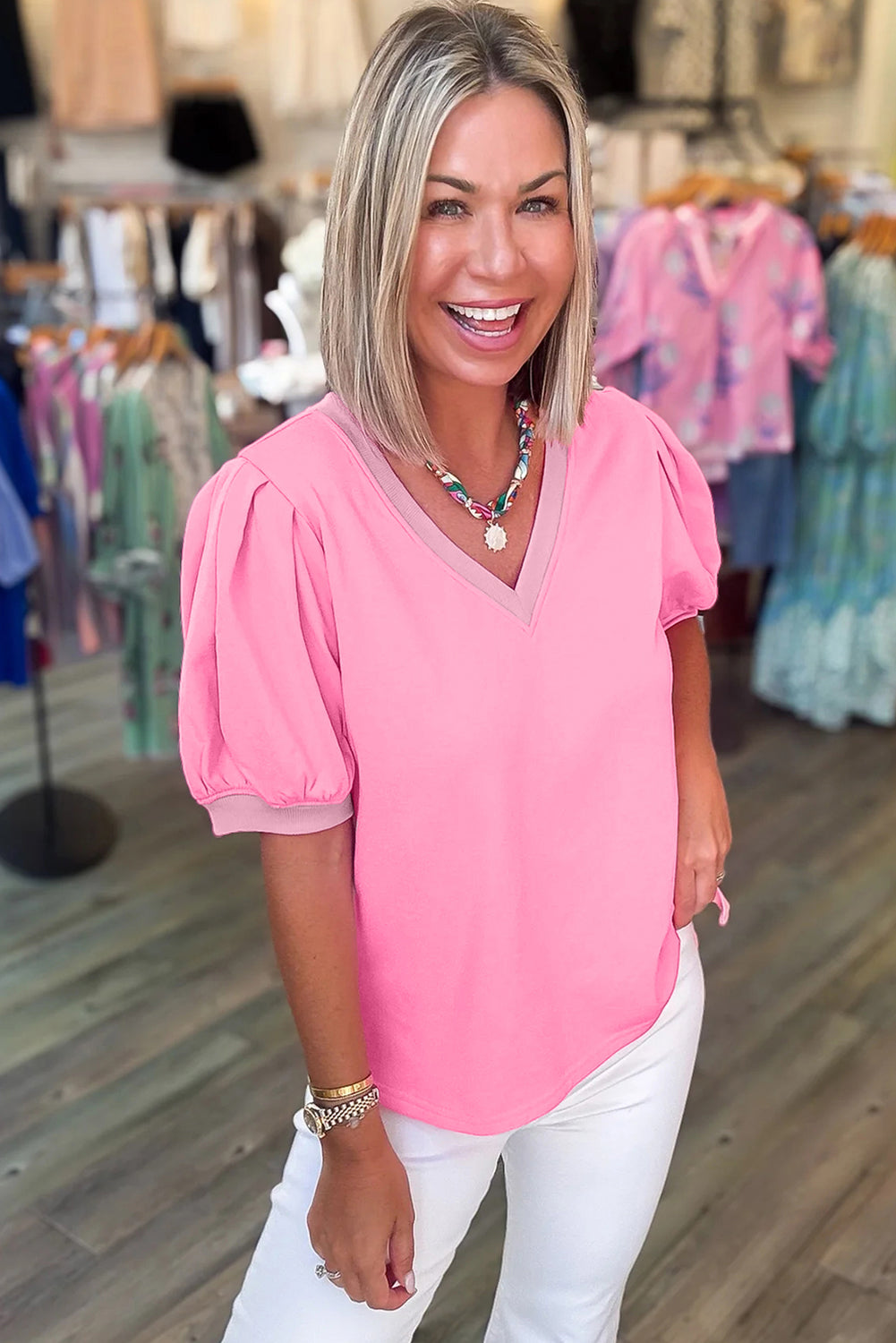 Pink Puff Sleeve Blouse