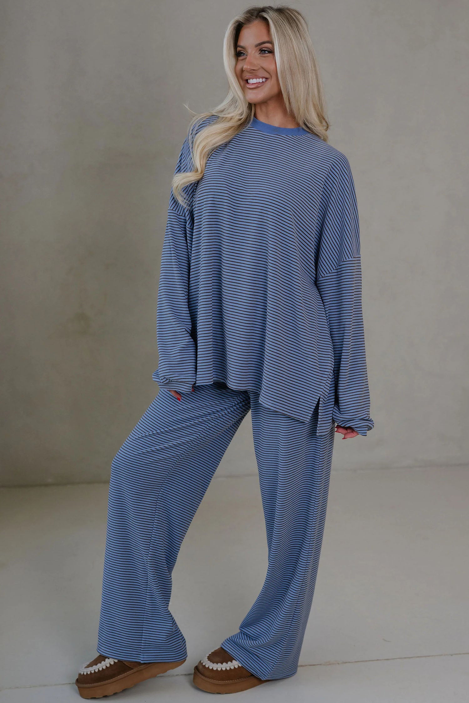 Pink Striped Drop Shoulder Long Sleeve Top and Pant Set