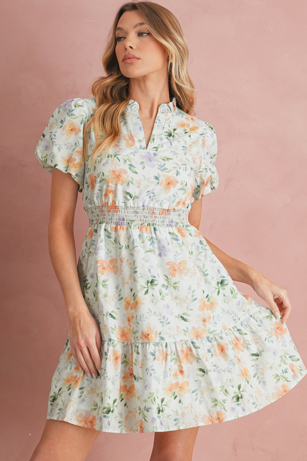 Beige Floral Smocked High Waist Puff Sleeve Mini Dress